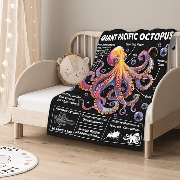 Octopus Throw Blanket, Anatomy Print,  50" x 40" Kids - Picture 4 of 4